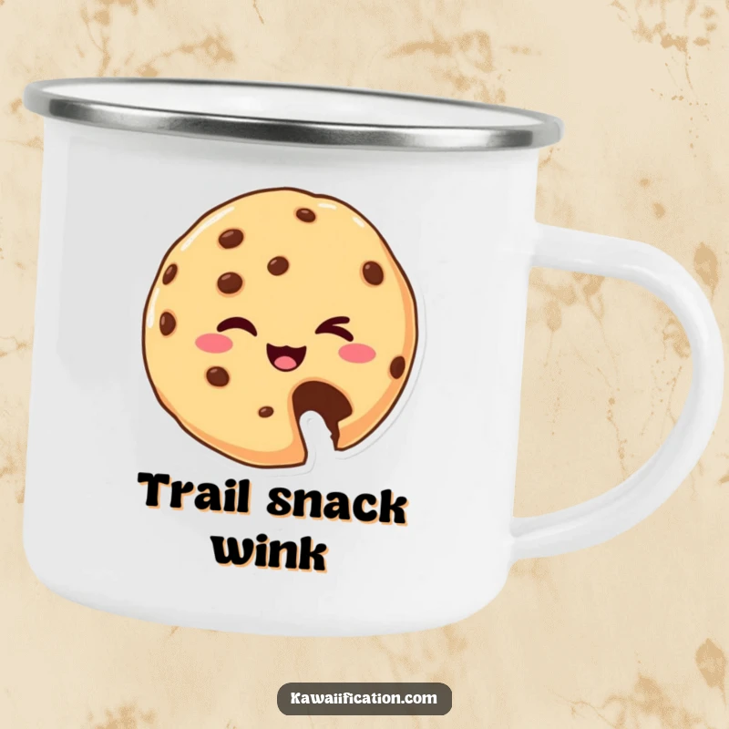 Funny Camping Mug: A cookie missing a bite winks playfully, a humorous companion for any outdoor adventure. A great funny gift.