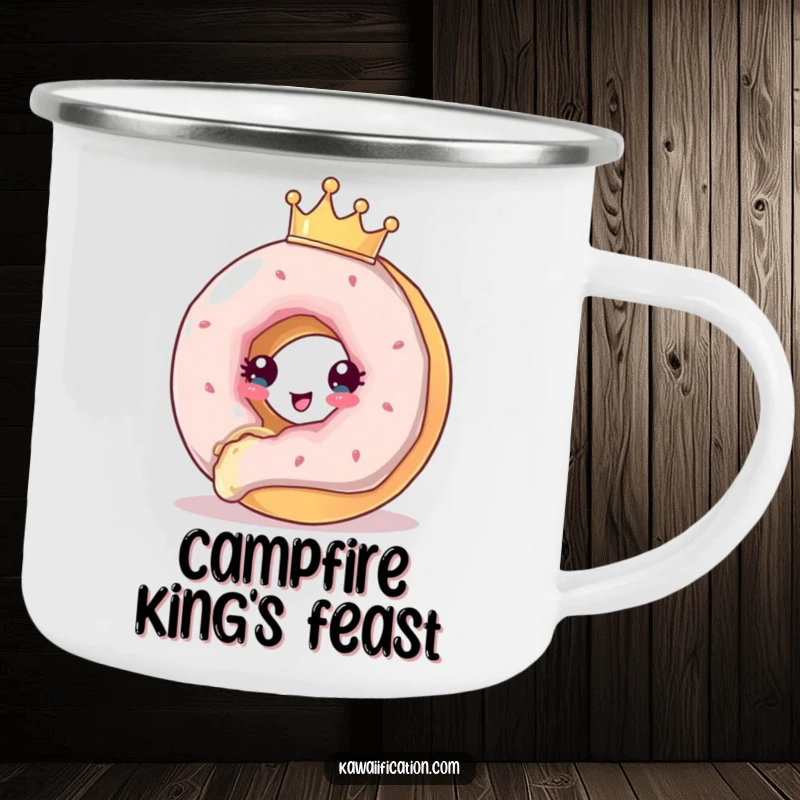 Funny Camping Mug with a crowned donut attempting to escape a bite, ready for outdoor treats and humorous moments.