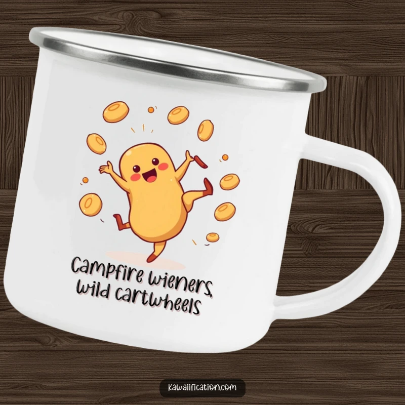 Funny hot dog character cartwheeling and juggling buns on a metal camping mug, designed for outdoor fun and humor.