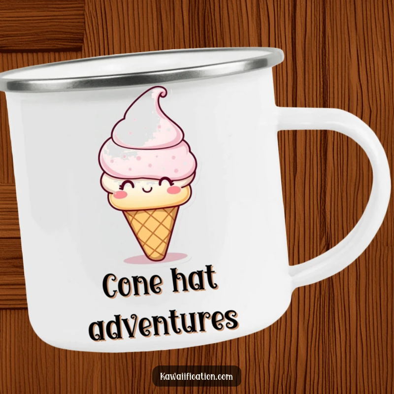 Funny Camping Mug: A playful ice cream cone character wearing a hat, perfect for outdoor fun. A humorous funny gift.