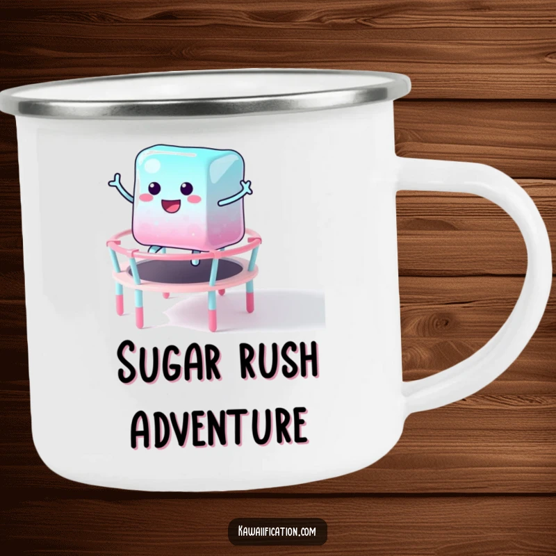 Funny camping mug featuring a delighted jelly cube character bouncing on a candy trampoline, ready for outdoor adventures with sweet, energetic fun.