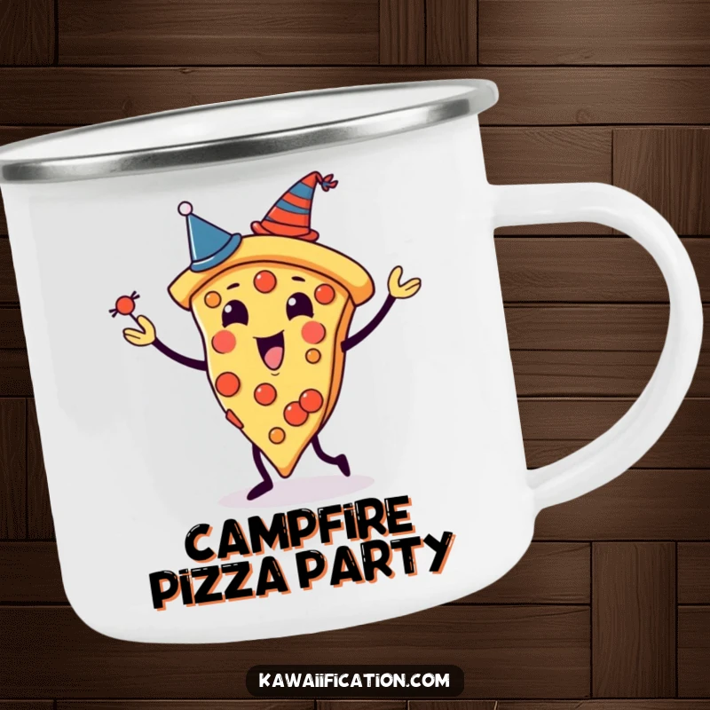 Funny camping mug featuring a pizza slice character juggling slices with tiny hats, ideal for outdoor parties and humor.
