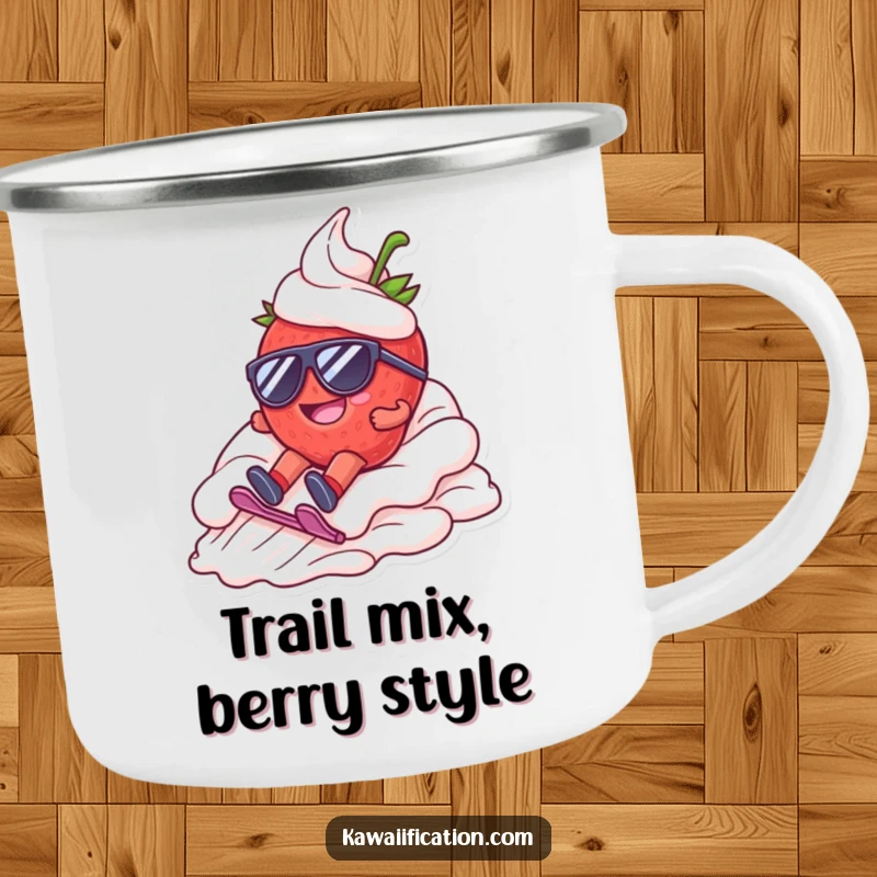 Funny camping mug featuring a happy strawberry in sunglasses, dramatically sliding down whipped cream, perfect for outdoor enjoyment.
