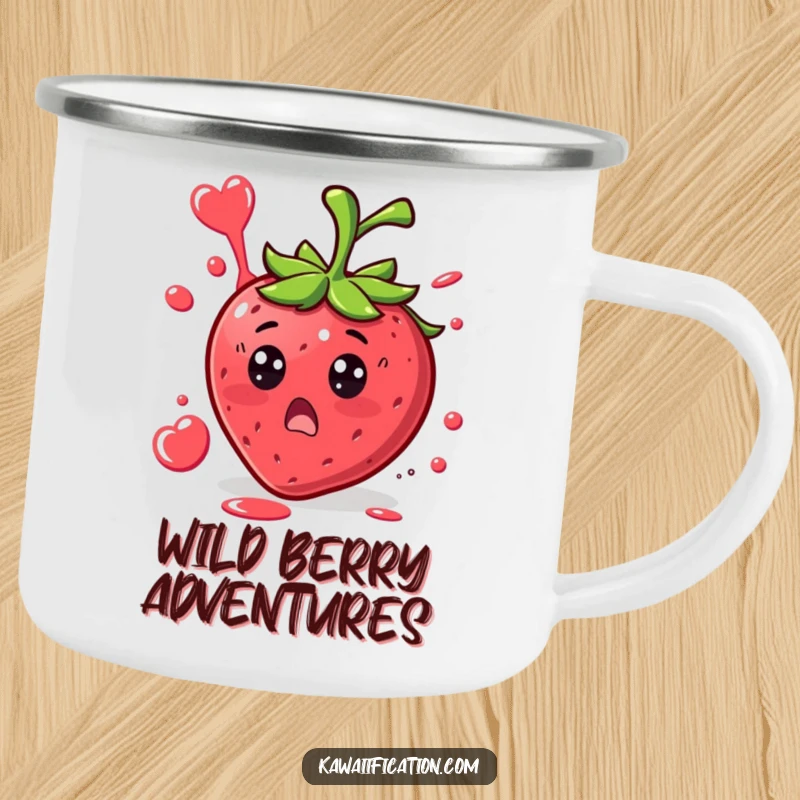 Funny Strawberry Surprise Camping Mug with a surprised strawberry character with juice splattering in a funny shape, perfect for outdoor fun.