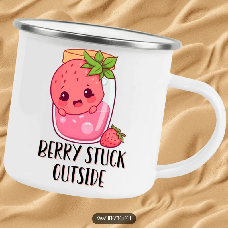 Funny cheerful strawberry stuck in a jam jar, looking surprised, a durable camping mug featuring a comical fruit character, ideal funny gift.