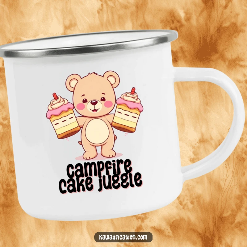 Funny camping mug featuring a happy teddy bear character juggling three oversized, wobbly cakes, durable and ready for outdoor fun.
