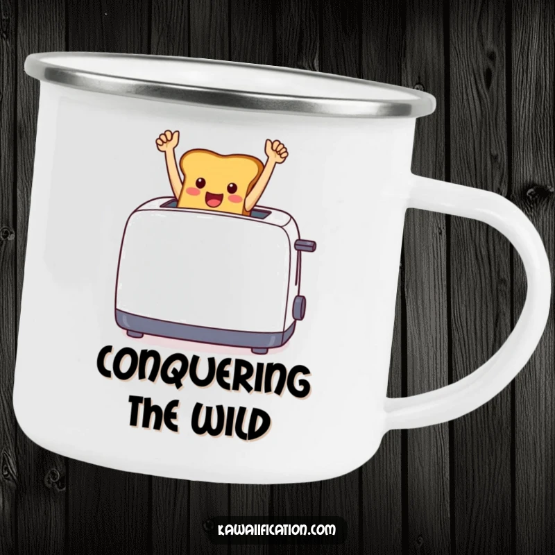 Funny cheerful toast jumping from a toaster with arms raised in triumph on a durable camping mug.