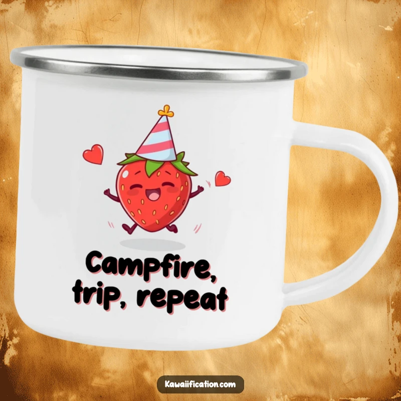 Funny camping mug featuring a plump strawberry in a party hat tripping, great for humorous outdoor gatherings.
