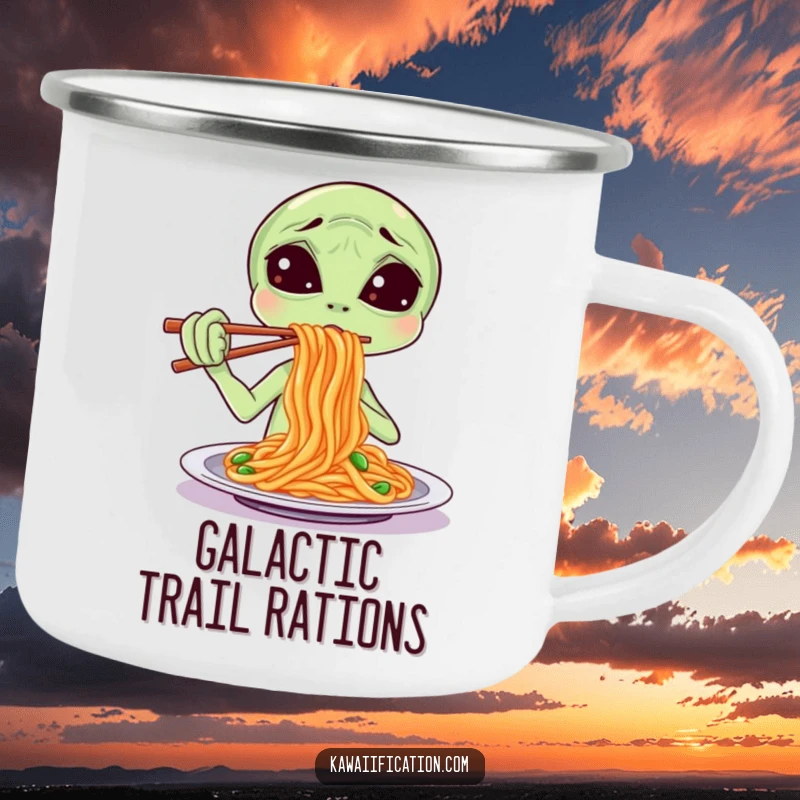 Funny Camping Mug with a confused alien trying to eat spaghetti using chopsticks, ready for outdoor contemplation and humorous moments.