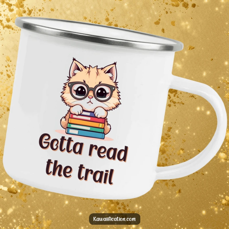 Funny camping mug with a cat wearing glasses struggling to balance a stack of books, for outdoor enthusiasts.