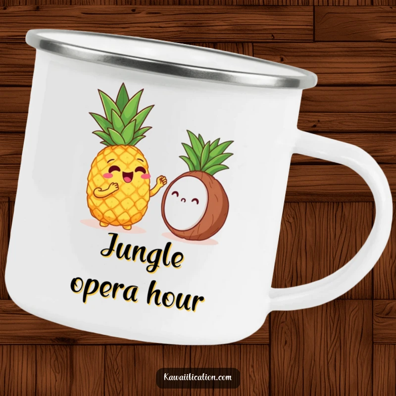 Funny camping mug featuring a cheerful pineapple singing opera to a shy coconut, great for humorous outdoor concerts.