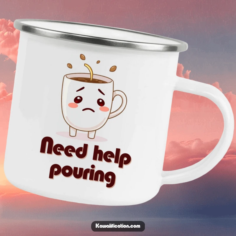 Funny camping mug featuring a confused coffee cup character hilariously trying to pour itself, ideal for outdoor coffee enjoyment.