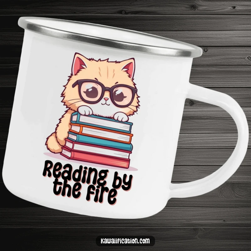 Funny cat camping mug, fluffy cat wearing oversized glasses, trying to balance books, perfect for outdoor reading sessions.