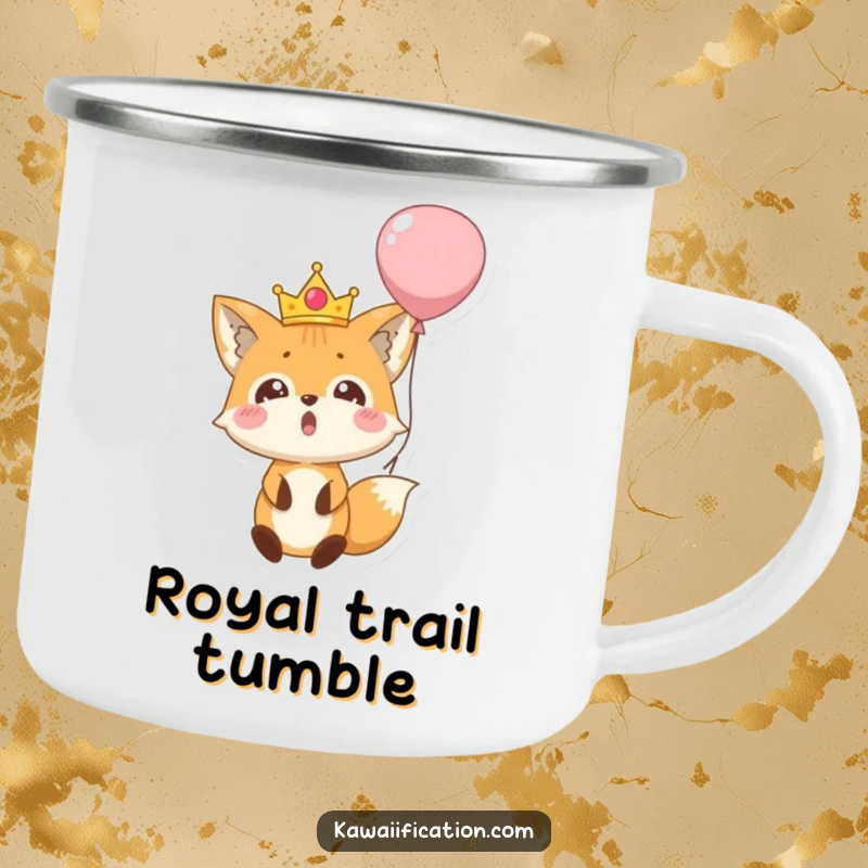 Funny camping mug featuring a surprised fox wearing a tiny crown, falling out of a balloon, durable and ready for outdoor fun.