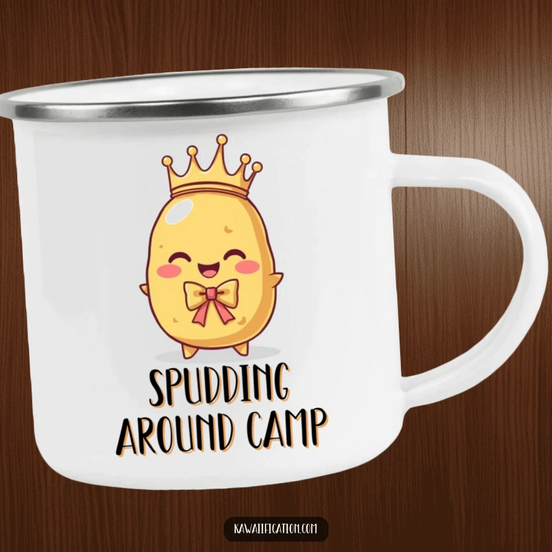 Funny camping mug with a proud potato character wearing a crown, bowing regally. Durable and majestic.