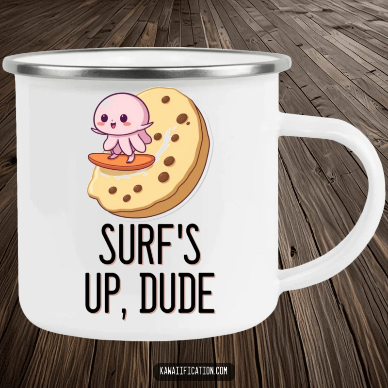 Funny camping mug featuring a wobbly jelly surfing a cookie, perfect for outdoor drinks and adding a comical, dessert-inspired touch to nature.