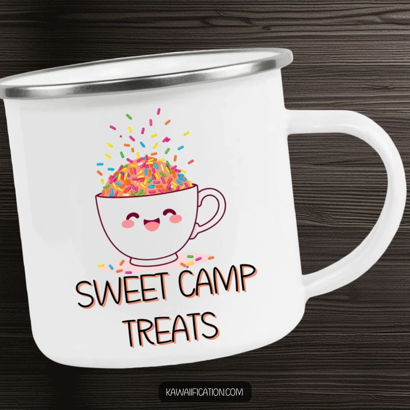 Funny camping mug with a teacup overflowing with dancing sprinkles, perfect for outdoor lovers of sweets.