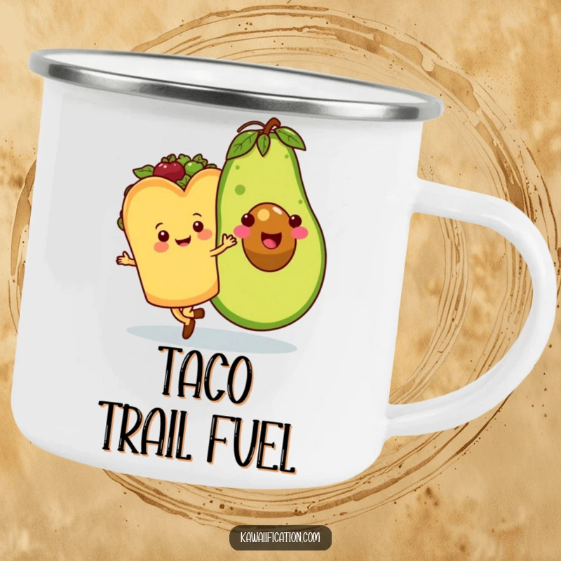 Funny camping mug showing a happy taco waltzing with a giant smiling avocado, ideal for outdoor fun and foodie humor.
