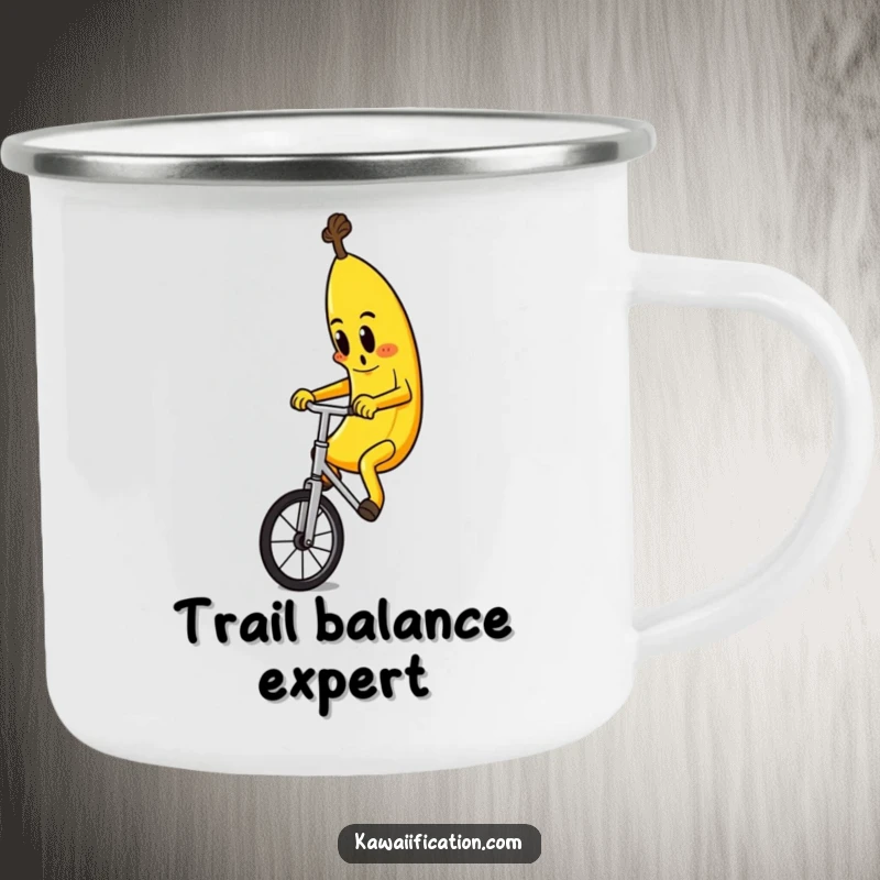 Funny camping mug showcasing a determined banana character riding a unicycle, perfect for outdoor enthusiasts who love humor.