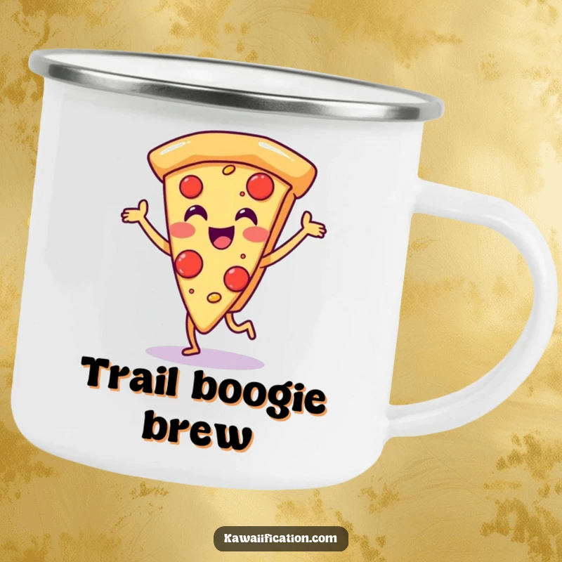 Funny, rugged camping mug featuring a joyful pizza slice character dancing in celebration, perfect for outdoor fun.