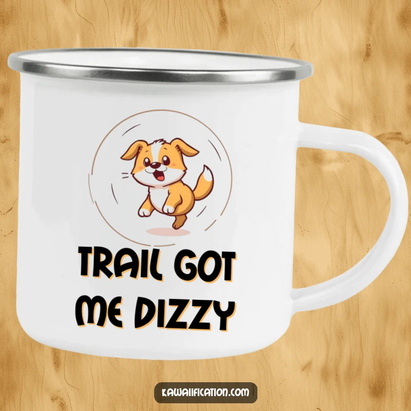 Funny camping mug showing a dog spinning in a dizzy tail-chasing spiral, perfect for outdoor enthusiasts.