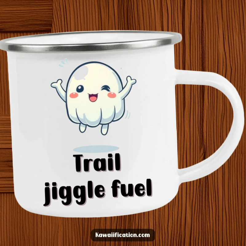Funny Camping Mug: A wobbly jelly character bouncing with zest, perfect for outdoor enthusiasts. A humorous and durable funny gift.