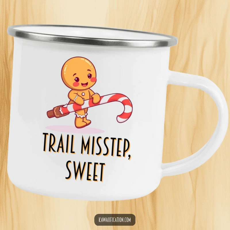 Funny camping mug with a mischievous gingerbread man character comically tripping over a giant candy cane outdoors.