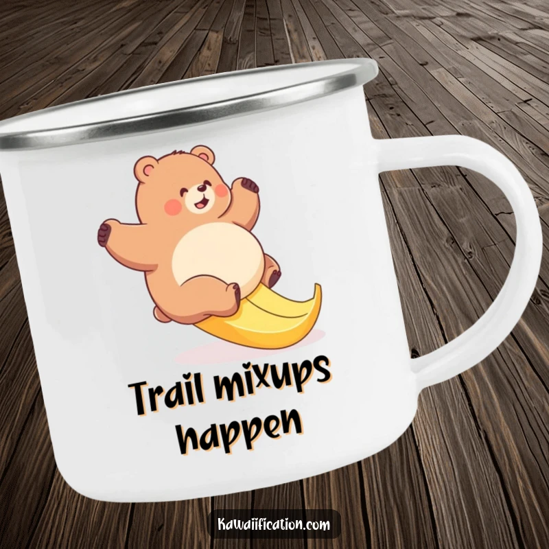 Funny bear banana slip camping mug, durable and humorous, showing a plump bear comedically slipping on a banana peel.