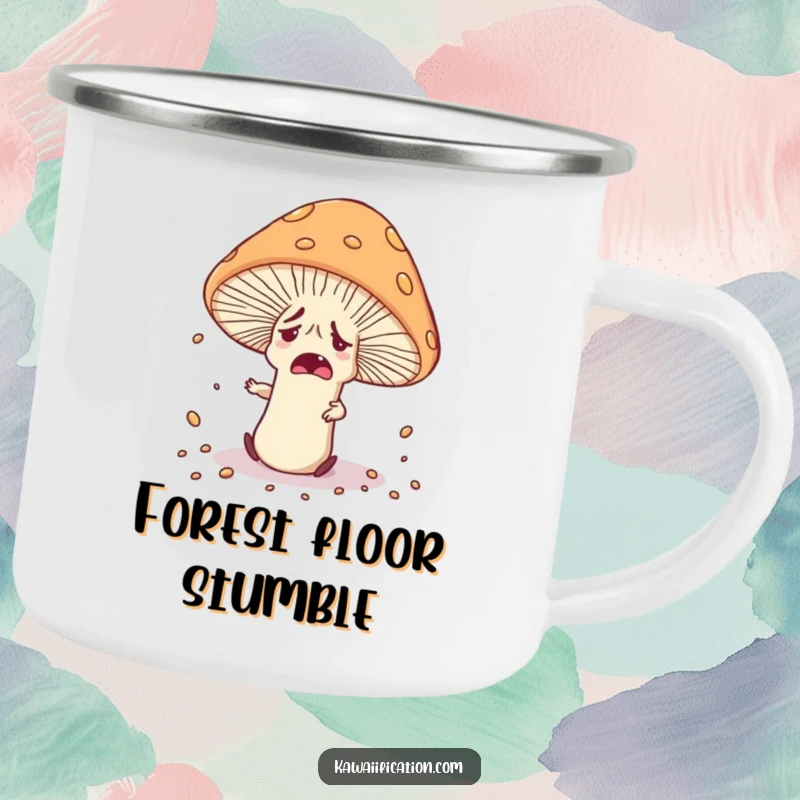 Funny nervous mushroom character tripping over its own cap, scattering spores, designed for a rugged camping mug.
