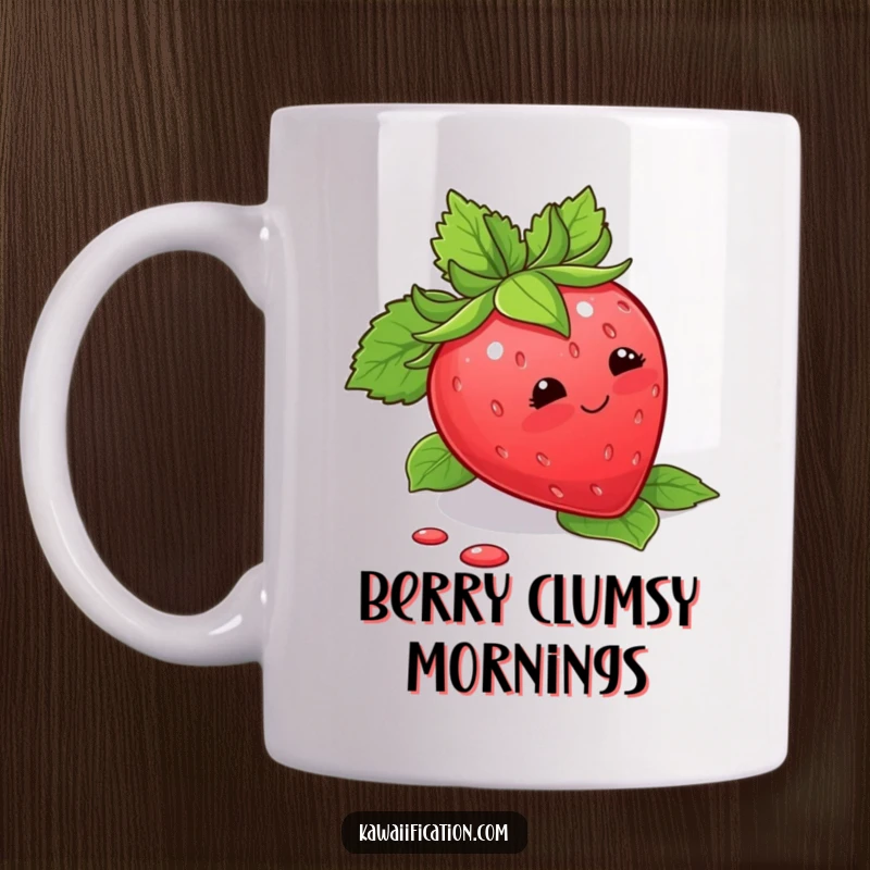 Funny Mug featuring a blushing strawberry hilariously tripping over its own green leaves, looking adorably embarrassed.
