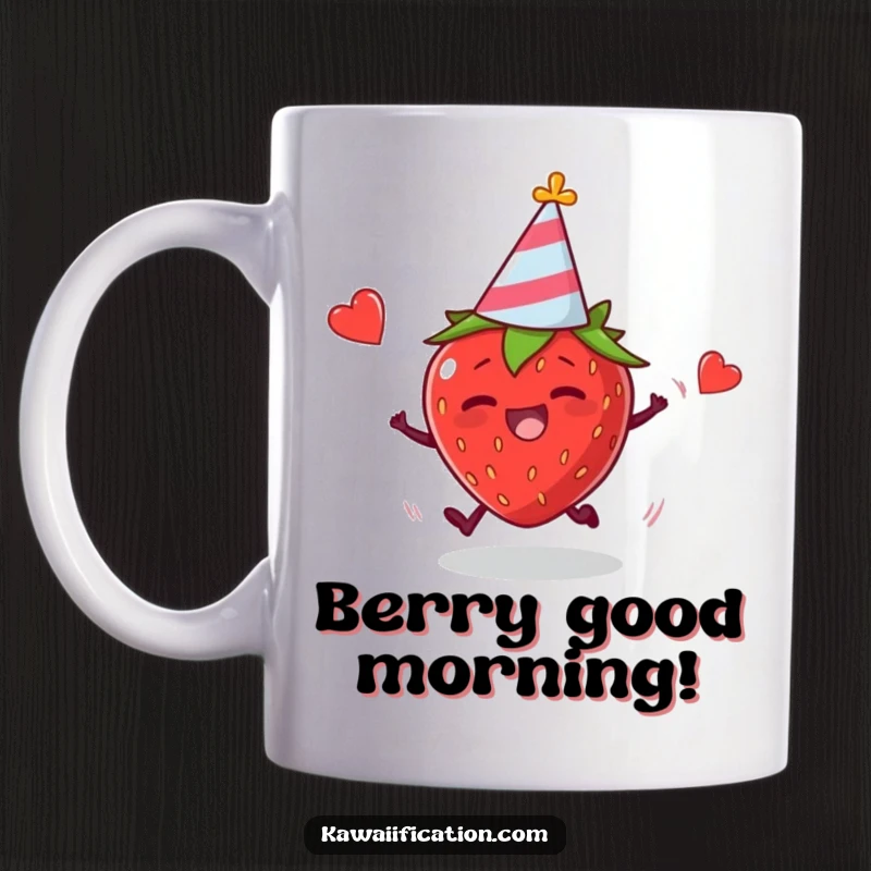 Funny mug featuring a plump strawberry in a party hat tripping hilariously, capturing joyful, messy fun.