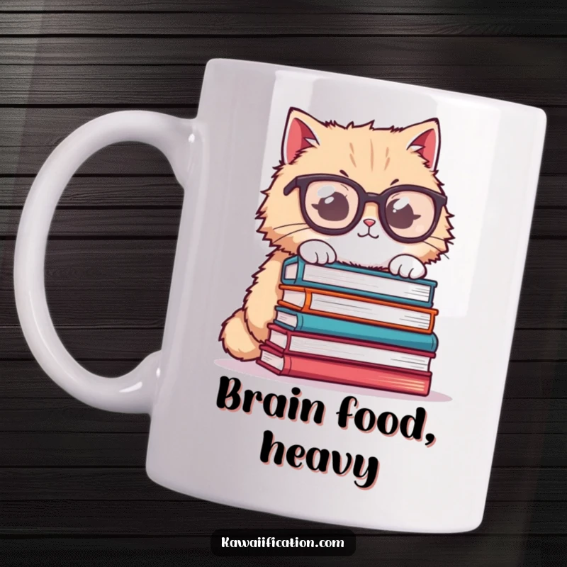 Funny cat mug, fluffy cat wearing oversized glasses struggling to balance books, a humorous and relatable design for readers.