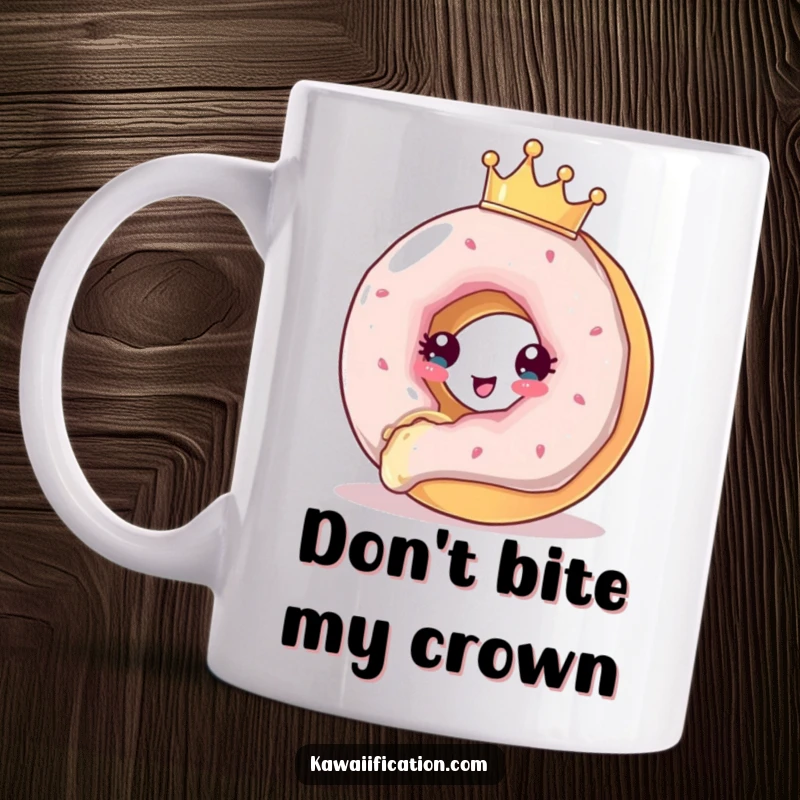 Funny Mug showing a regal donut wearing a small crown, desperately trying to roll away from an impending bite, full of playful drama.