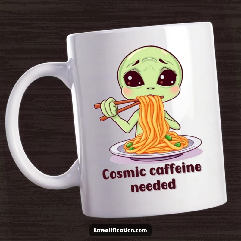 Funny Mug showing a bewildered alien struggling to eat spaghetti using chopsticks, capturing a moment of cultural confusion and humor.