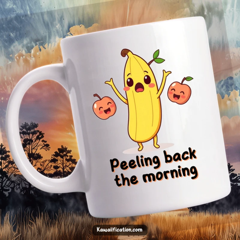 Funny surprised banana peel comically attempting to juggle three laughing apples on a mug, a hilarious fruit-themed design.
