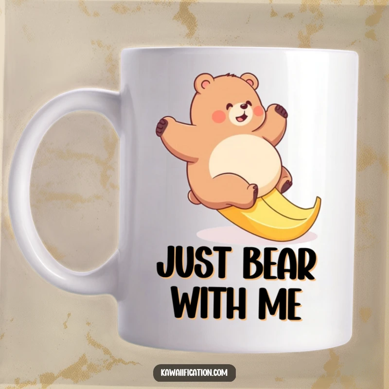 Funny bear mug depicting a plump bear sliding on a slippery banana peel, capturing a moment of comical struggle.