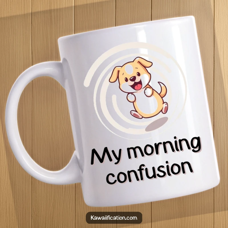 Funny dog mug, bewildered dog chasing its tail in a dizzying spiral, a humorous and relatable design for pet owners.