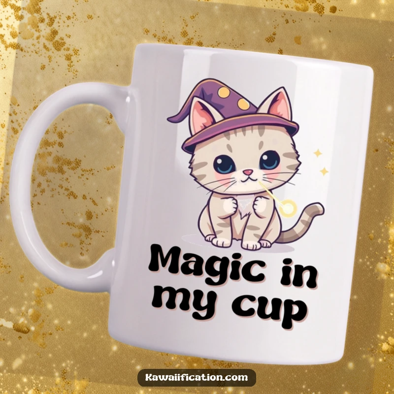 Funny cat wizard mug wearing a tiny hat, conjuring a red laser dot, showcasing feline magic, perfect funny gift.