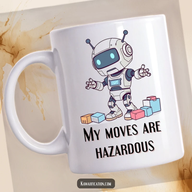 Funny mug depicting a clumsy robot enthusiastically but unsuccessfully attempting to dance, spilling supplies everywhere with a comical expression.