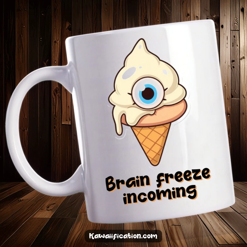 Funny melting ice cream cone with one giant eye, looking confused, cartoon dessert expressing bewilderment, ideal for a funny gift.