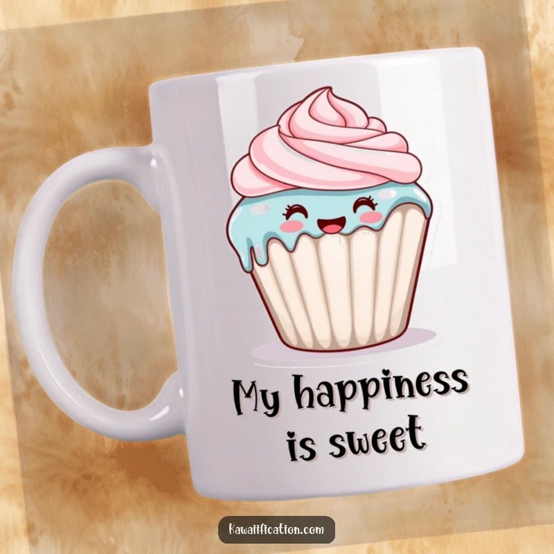 Funny mug with a happy cupcake character with frosting dripping down its side, celebrating sweet, messy moments.