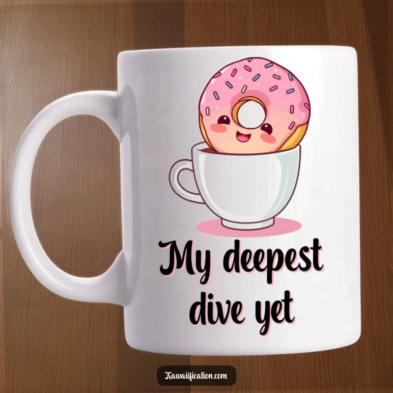 Funny coffee mug with a giggling donut floating upside down in a steaming cup of coffee, looking utterly delighted.