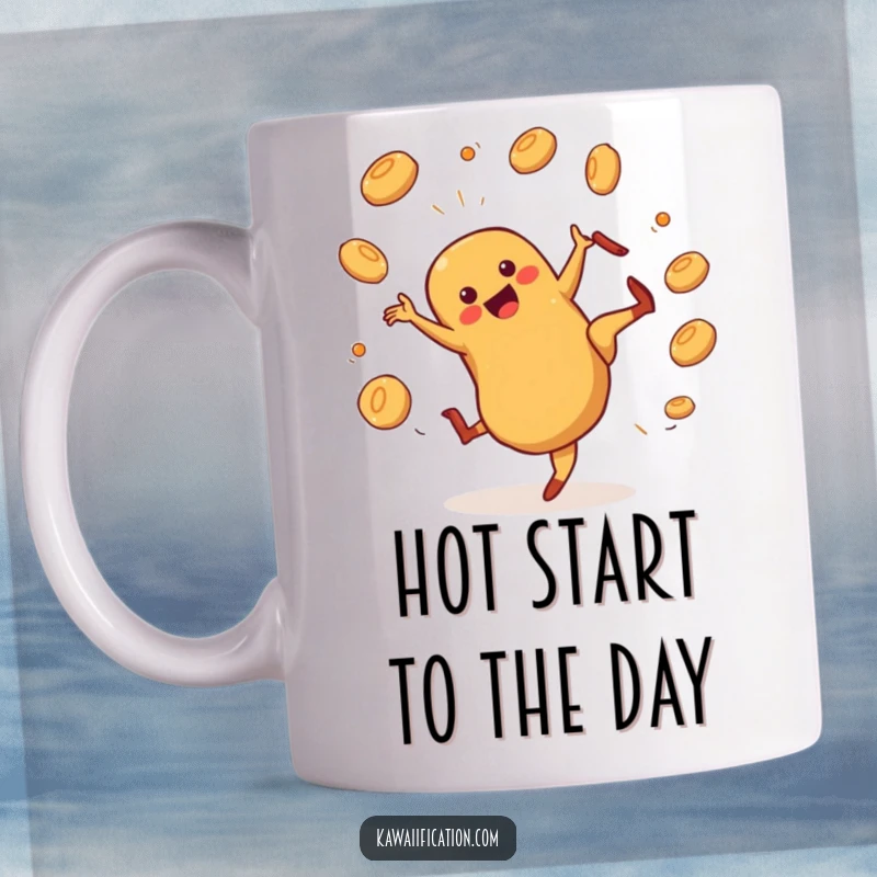 Funny hot dog character performing a dramatic cartwheel while juggling buns on a mug, a humorous and energetic food design.