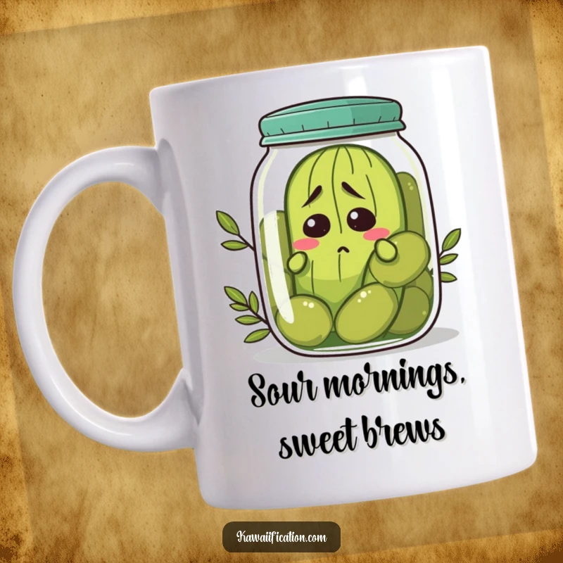 Funny nervous pickle mug trying to hide in a jar of olives, a relatable character in an awkward situation, perfect funny gift.