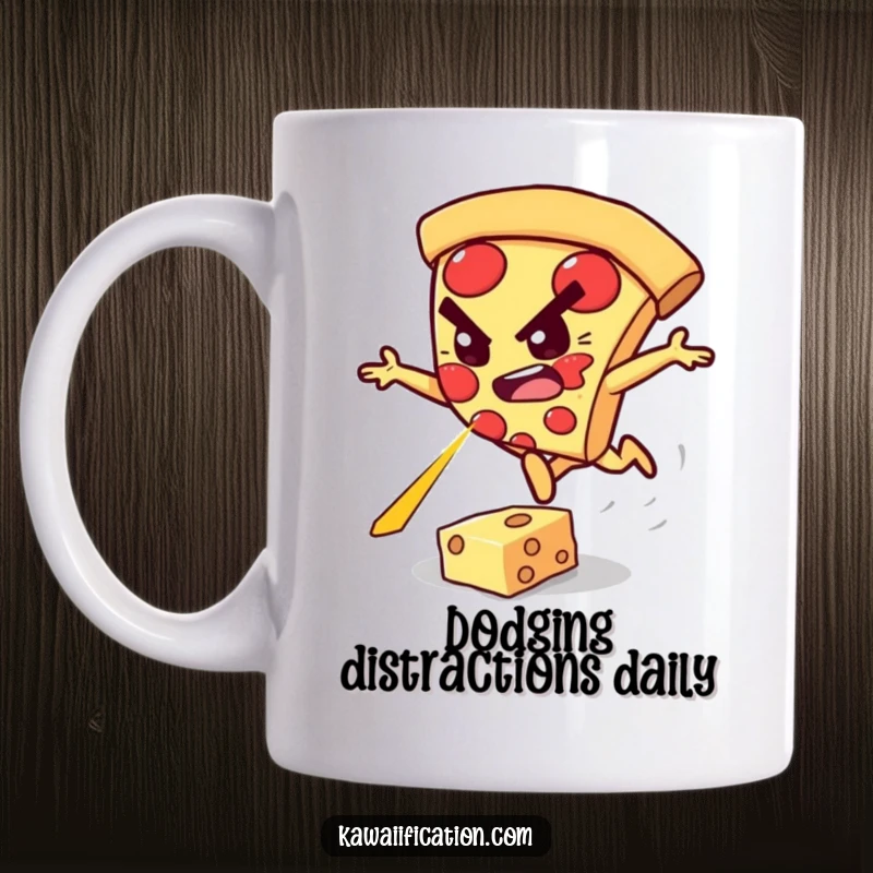 Funny mug depicting a determined pizza slice character leaping heroically over a glowing cheese laser beam.