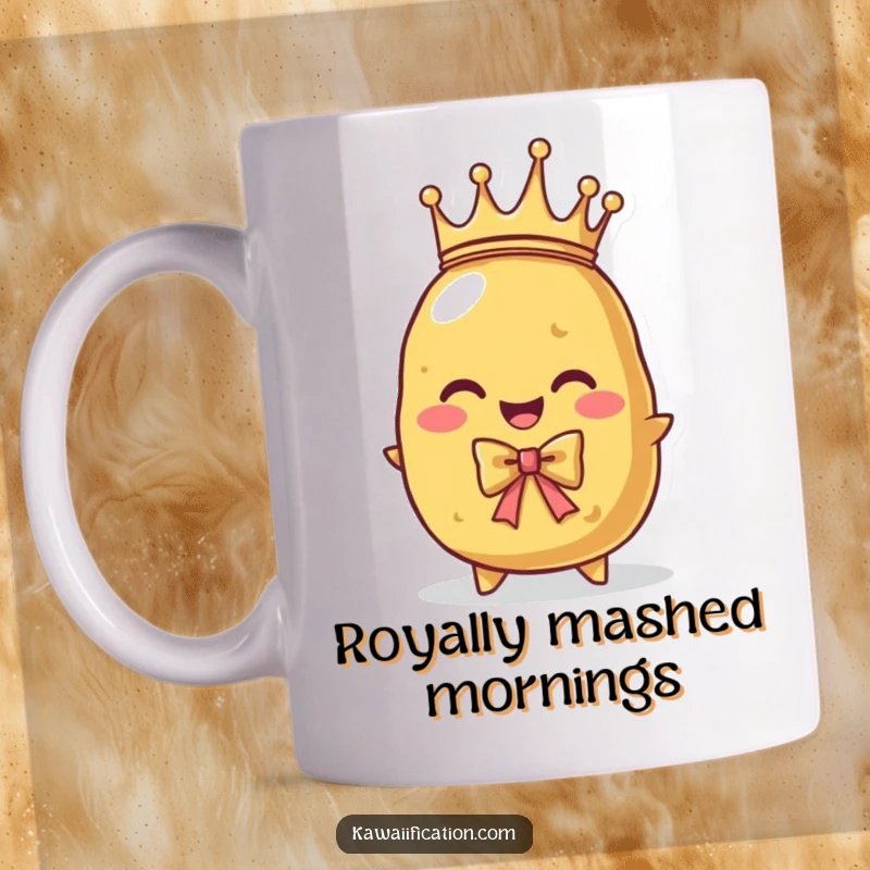 Funny mug featuring a proud potato character wearing a tiny crown, attempting a regal bow. Royal and humorous.