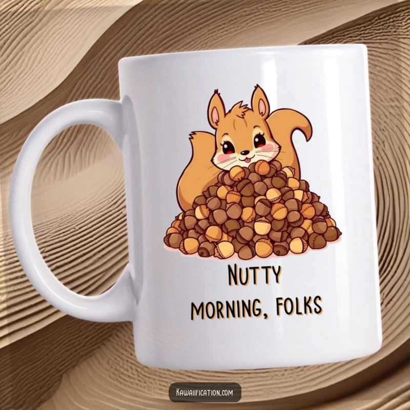 Funny Mug: Mischievous squirrel with an enormous pile of acorns, showcasing its hoarding nature with humor.