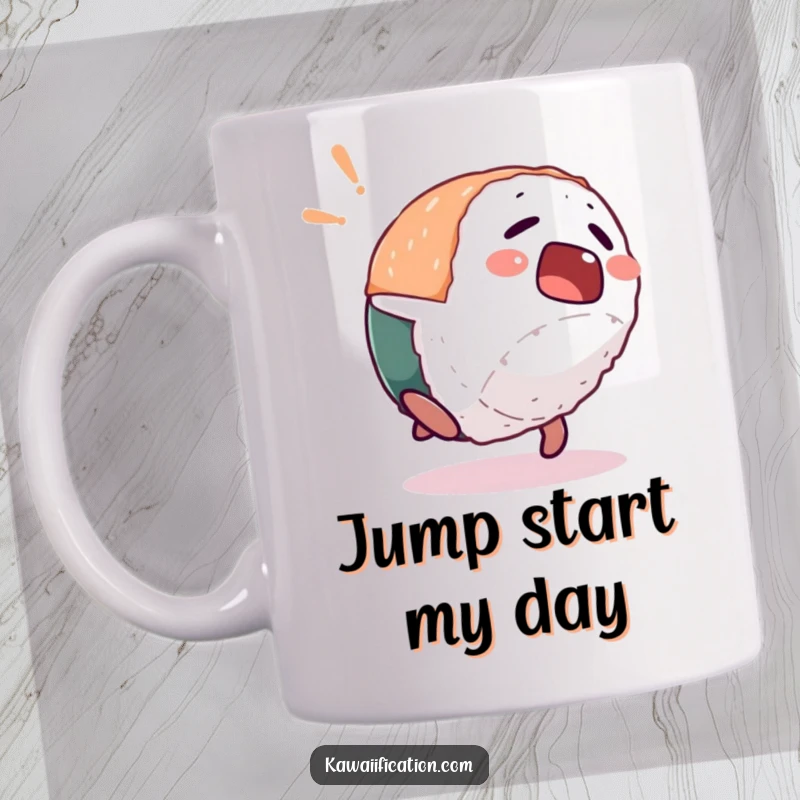 Funny mug featuring a startled sushi piece character performing a comical backflip, expressing surprise and delight.