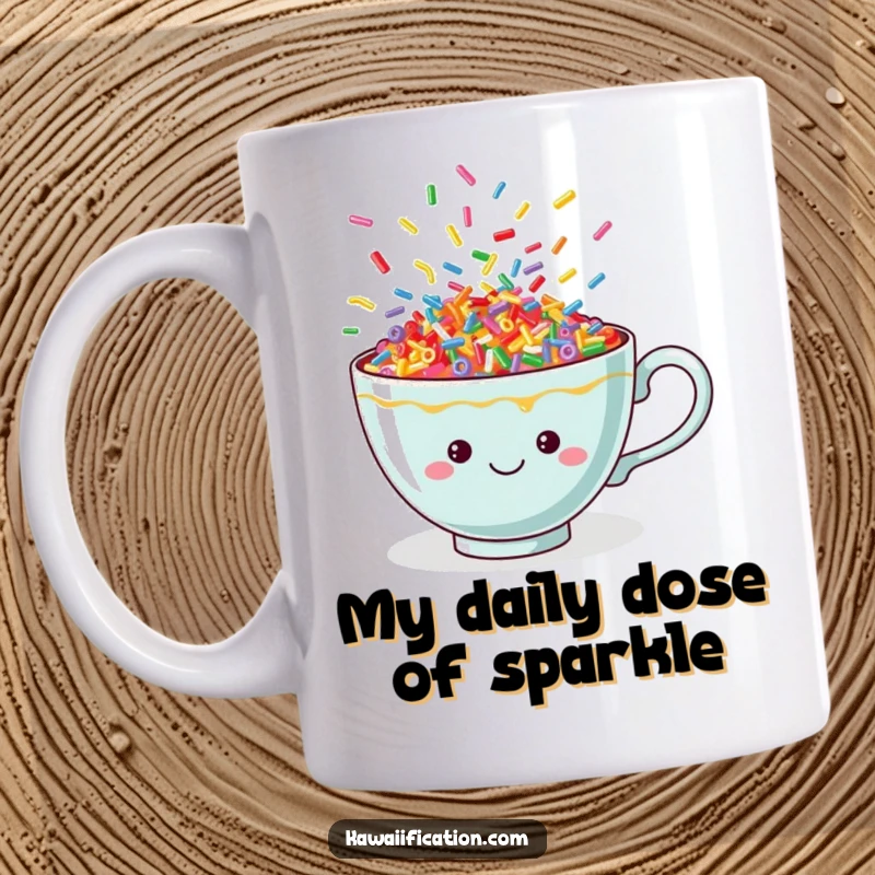Funny teacup mug overflowing with vibrant, dancing sprinkles, radiating pure joy and cheerfulness, perfect for a happy morning.