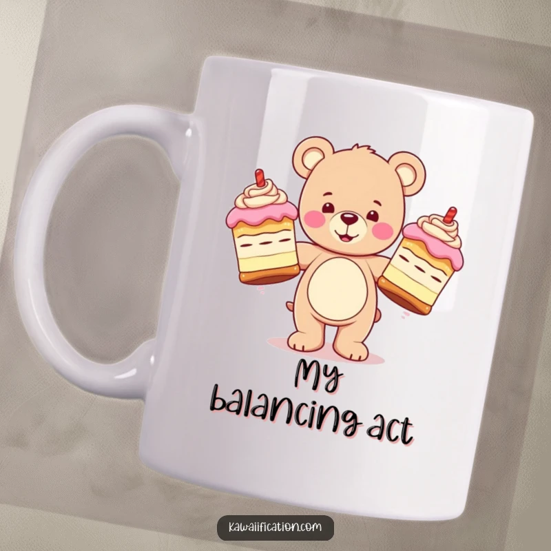 Funny mug with a happy teddy bear character precariously juggling three oversized, wobbly cakes, showing a charmingly chaotic scene.
